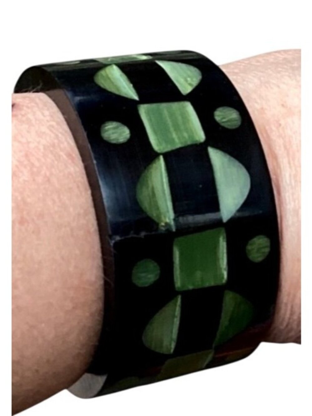 Rare 1930s Art Deco Bakelite Bangle Bracelet Catalin Geometric Carved BlackGreen
